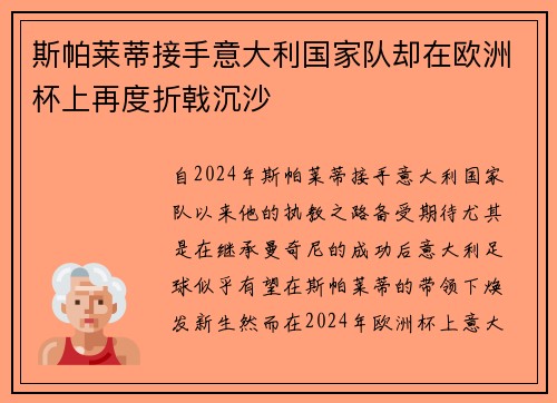 斯帕莱蒂接手意大利国家队却在欧洲杯上再度折戟沉沙 斯帕莱蒂接手意大利国家队却在欧洲杯上再度折戟沉沙